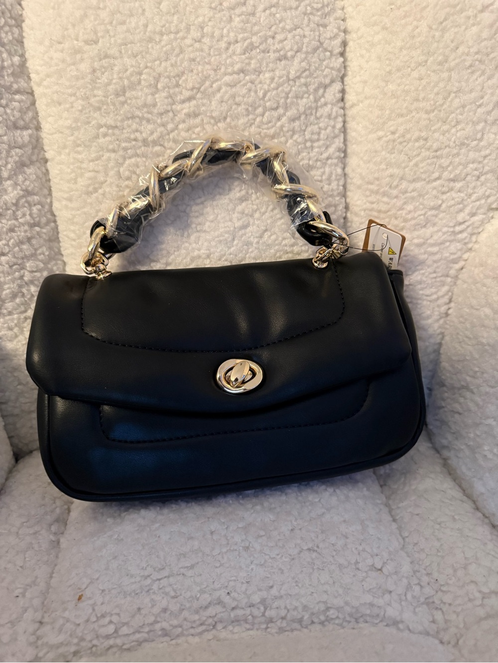 Black Mini Satchel Handbag Chunky Gold Chain Handle NWT